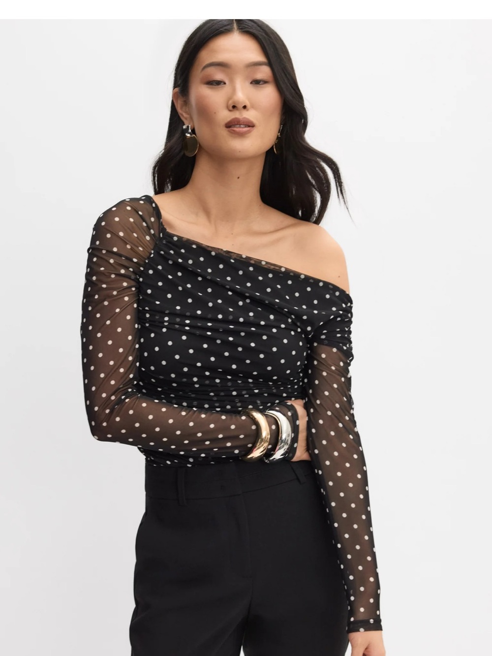 Melanie Lyne Off-Shoulder Black Polka Dot Mesh Top
